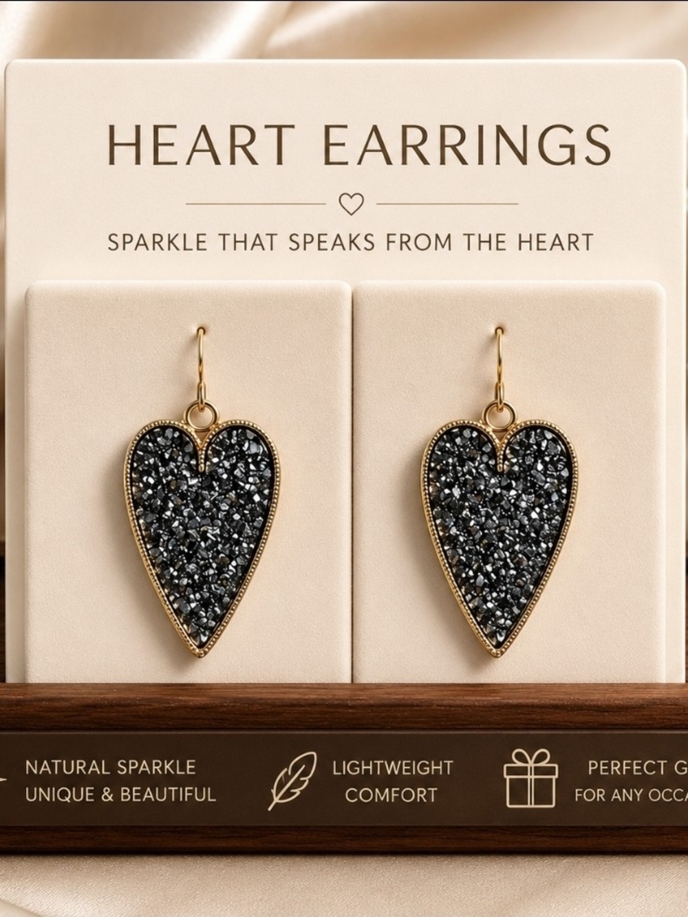 Heart Drop Earrings with Black Crystal Druzy - Gold Trim